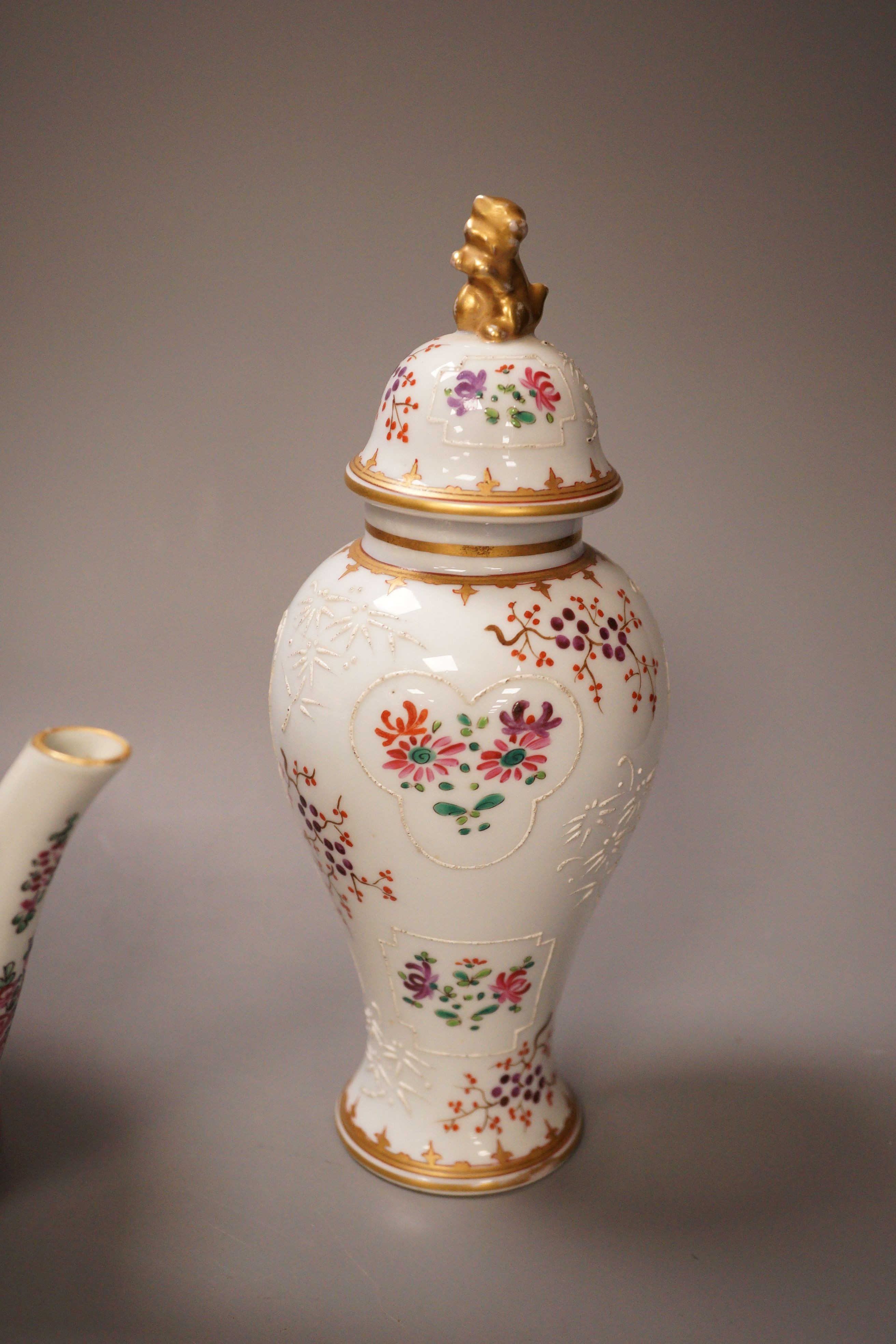 A Samson lidded Chinese armorial style baluster vase and a similar teapot, 23cm